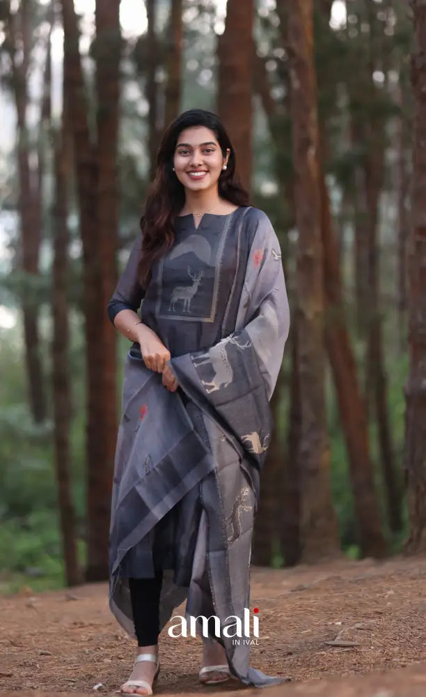Dark Grey Viscose Chanderi Salwar Set - salwar