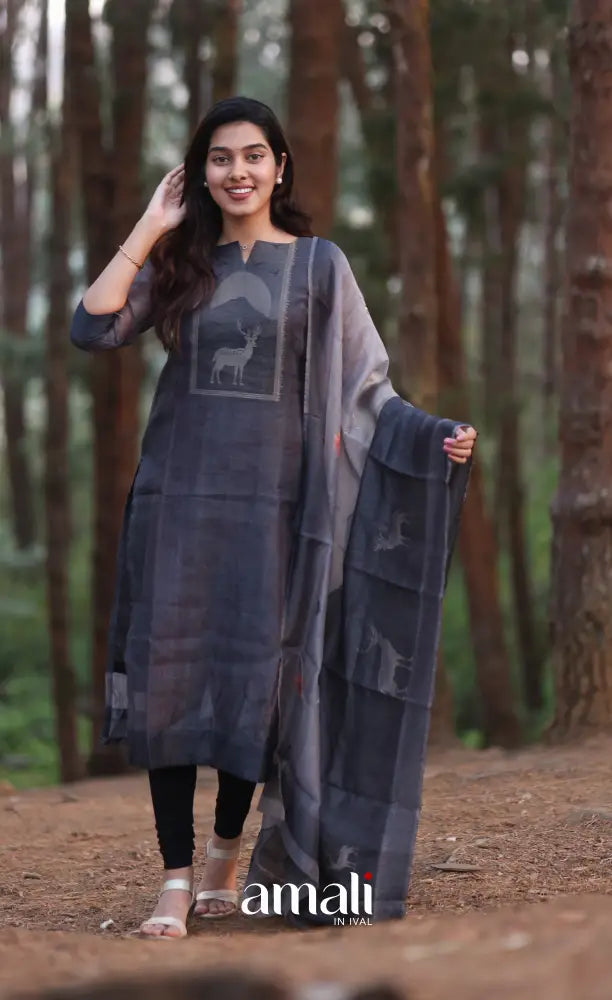 Dark Grey Viscose Chanderi Salwar Set - salwar