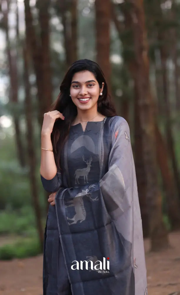 Dark Grey Viscose Chanderi Salwar Set - salwar