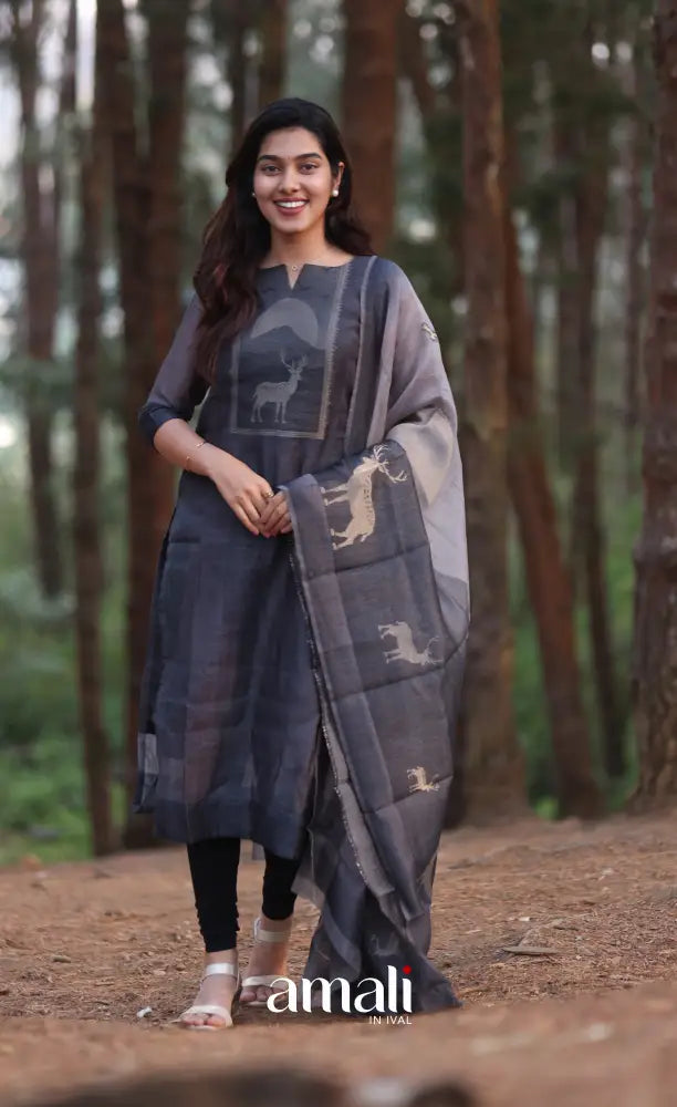 Dark Grey Viscose Chanderi Salwar Set - salwar