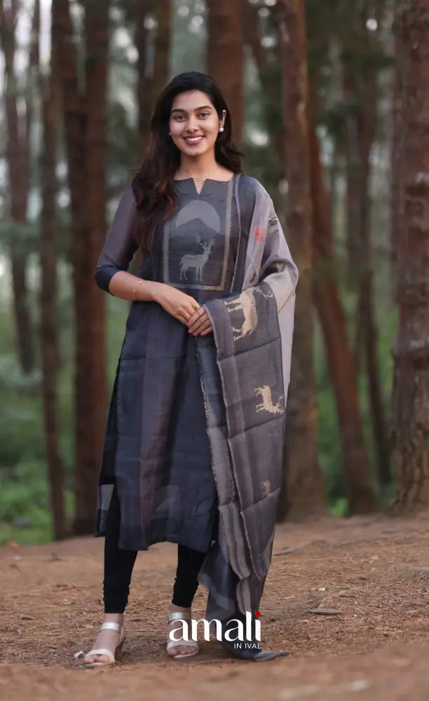 Dark Grey Viscose Chanderi Salwar Set - salwar