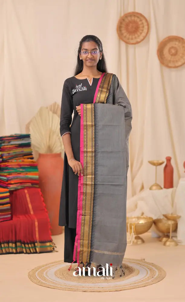 Dark Grey With Pink Chettinad Cotton Dupatta salwar