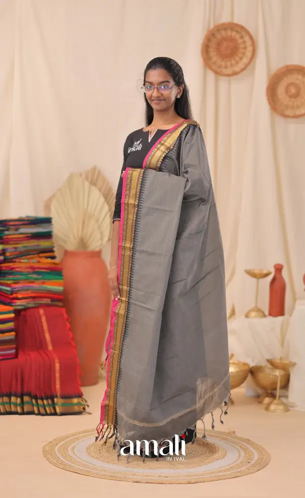 Dark Grey With Pink Chettinad Cotton Dupatta salwar