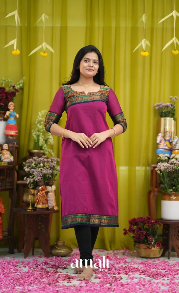 Dark magenta and Black Chettinad Cotton Salwar Set - salwar