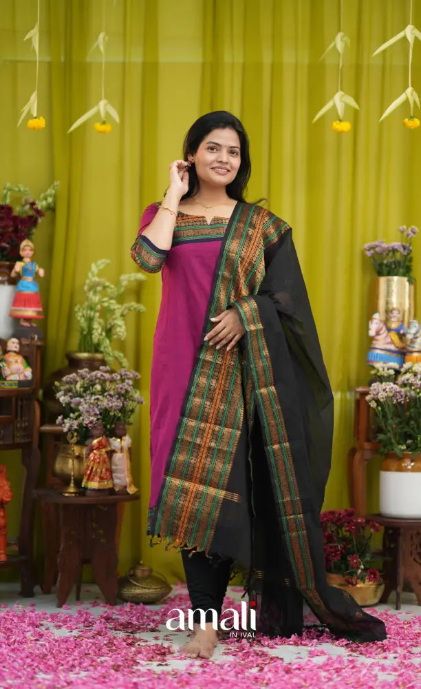 Dark magenta and Black Chettinad Cotton Salwar Set - salwar