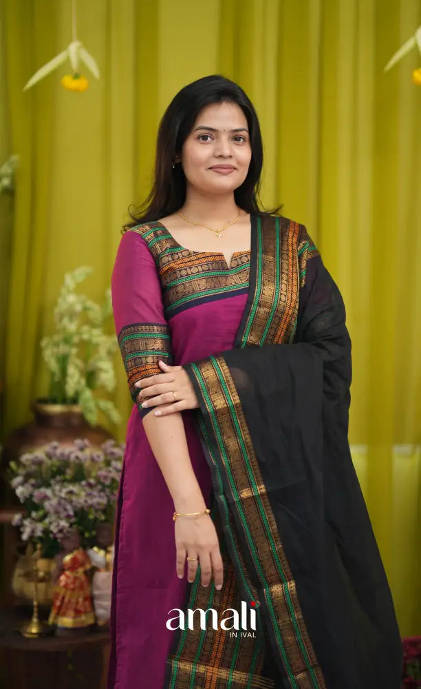 Dark magenta and Black Chettinad Cotton Salwar Set - salwar