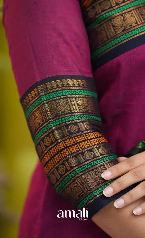 Dark magenta and Black Chettinad Cotton Salwar Set - salwar