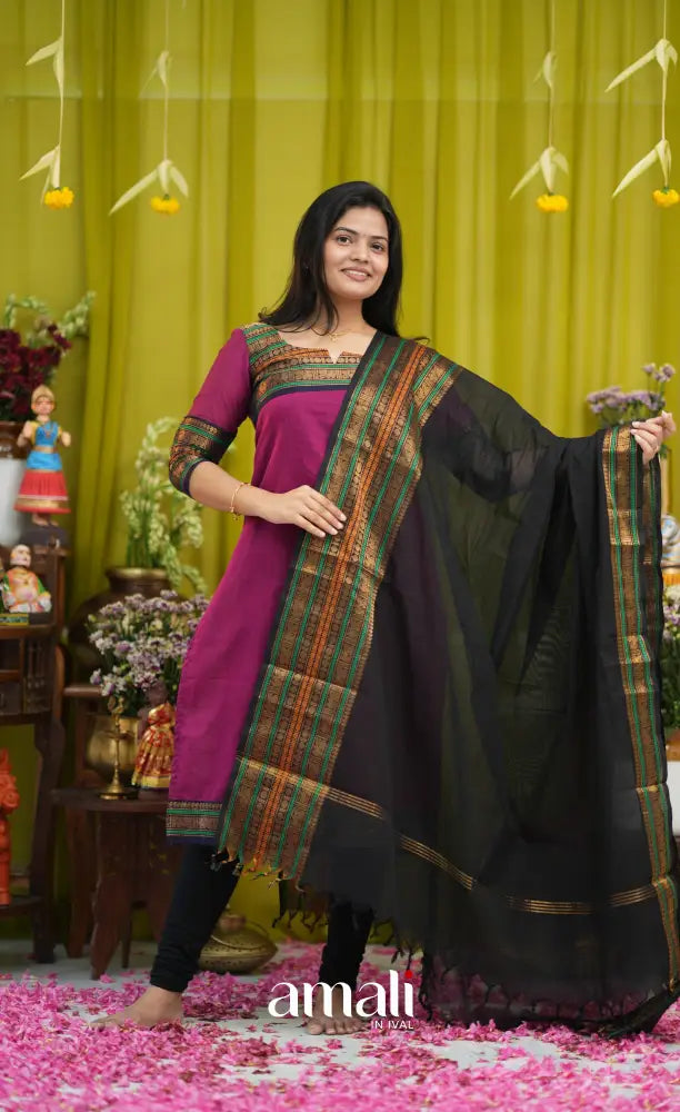 Dark magenta and Black Chettinad Cotton Salwar Set - salwar