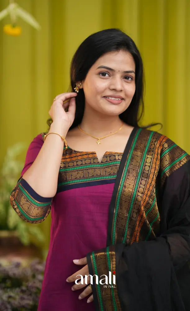 Dark magenta and Black Chettinad Cotton Salwar Set - salwar