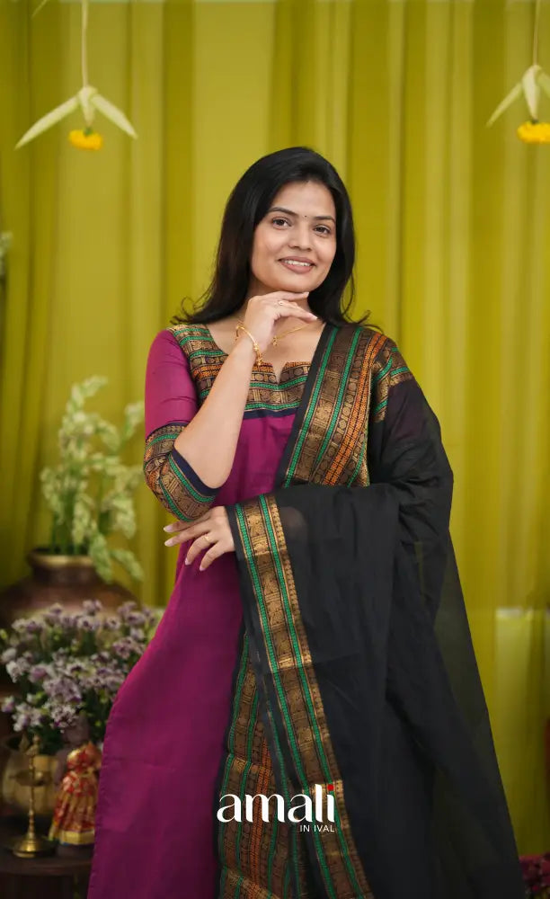 Dark magenta and Black Chettinad Cotton Salwar Set - salwar