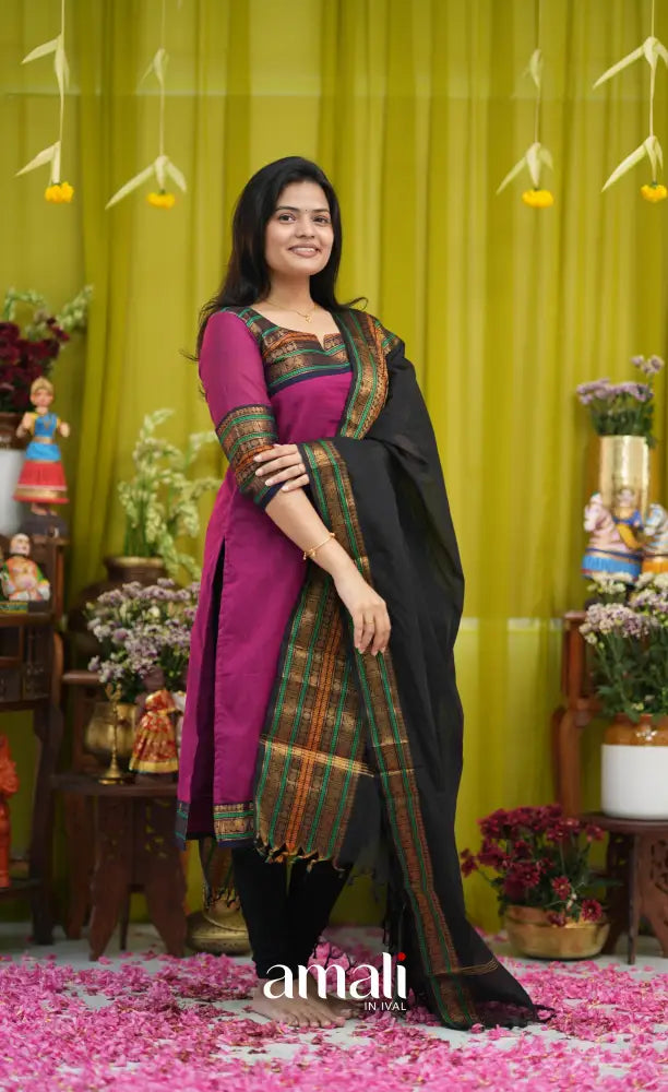 Dark magenta and Black Chettinad Cotton Salwar Set - salwar