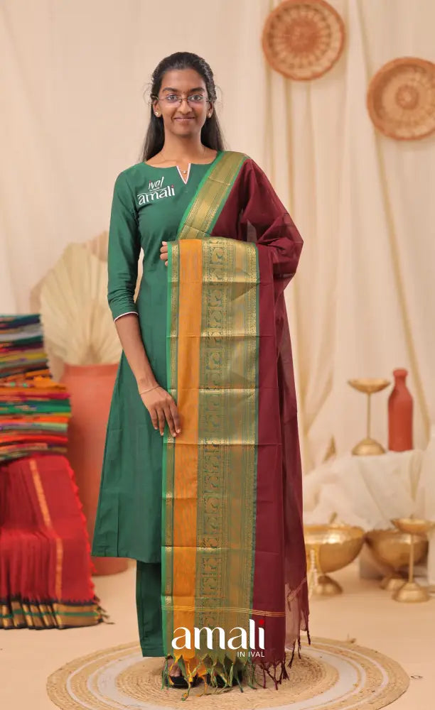 Dark Maroon With Green Chettinad Cotton Dupatta salwar