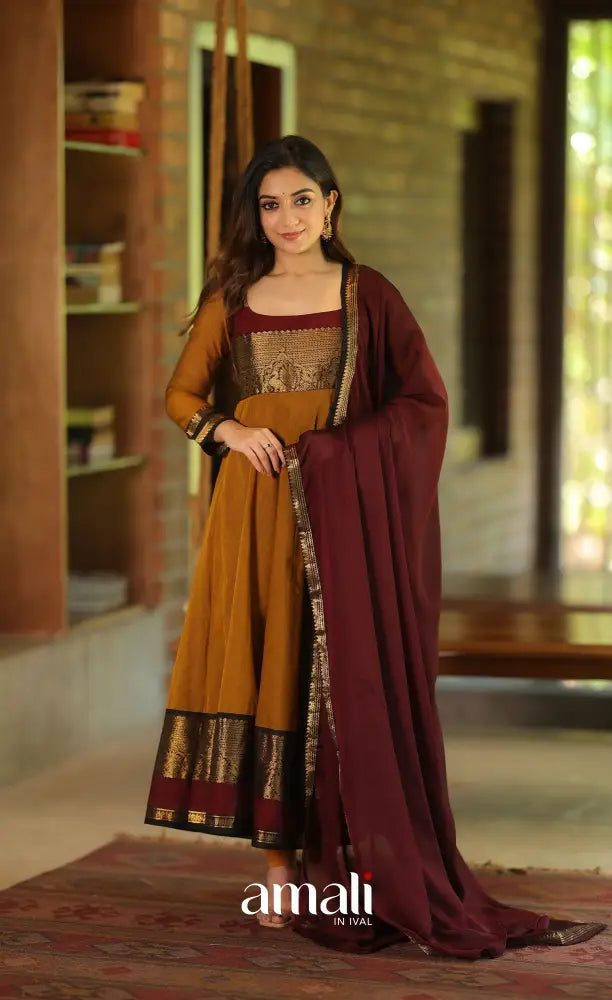 Dark mustard and Maroon Chettinad Cotton Anarkali - Anarkalis