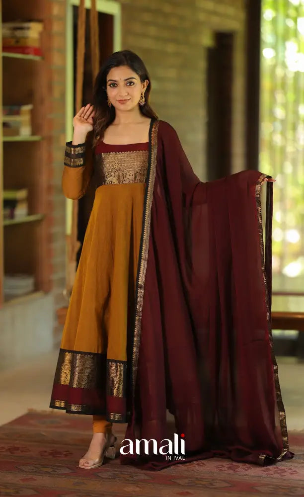 Dark mustard and Maroon Chettinad Cotton Anarkali - Anarkalis
