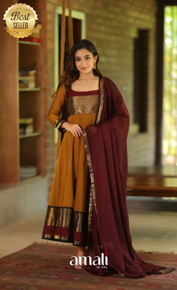 Dark mustard and Maroon Chettinad Cotton Anarkali - Anarkalis