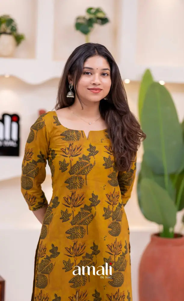 Dark Mustard Jaipur Print Cotton Straight-cut Top and Pant - salwar