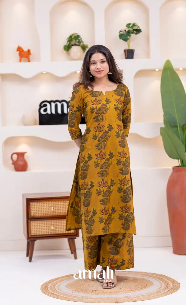 Dark Mustard Jaipur Print Cotton Straight-cut Top and Pant - salwar