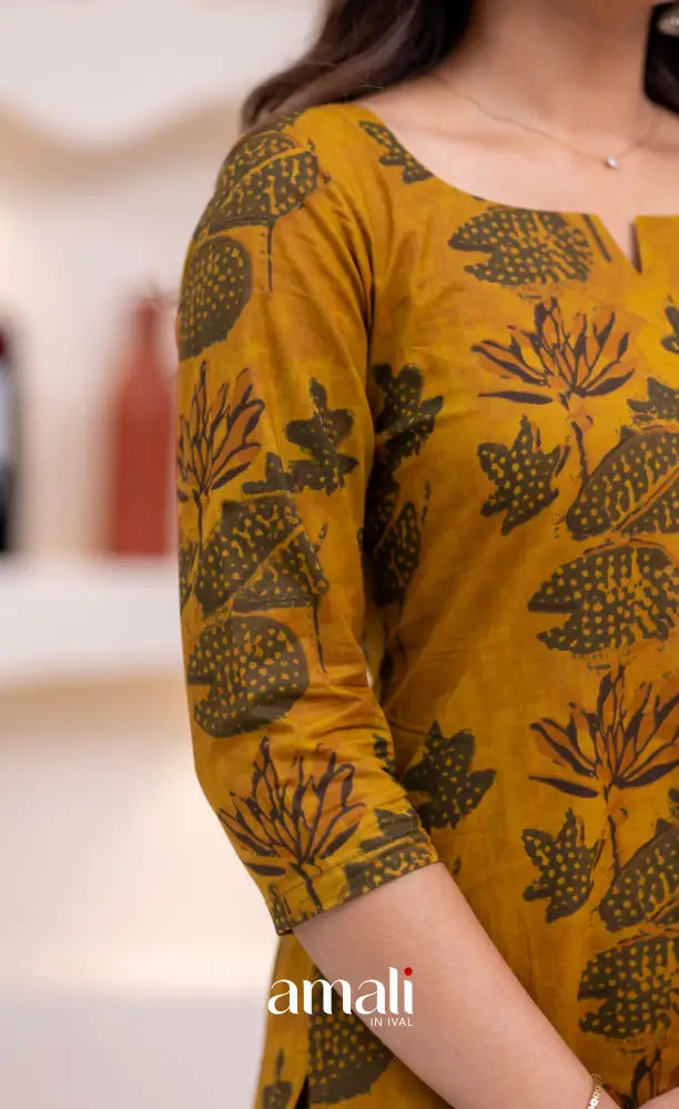 Dark Mustard Jaipur Print Cotton Straight-cut Top and Pant - salwar