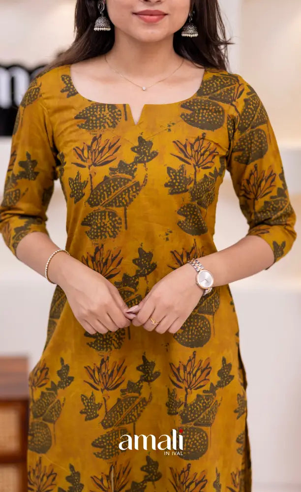 Dark Mustard Jaipur Print Cotton Straight-cut Top and Pant - salwar