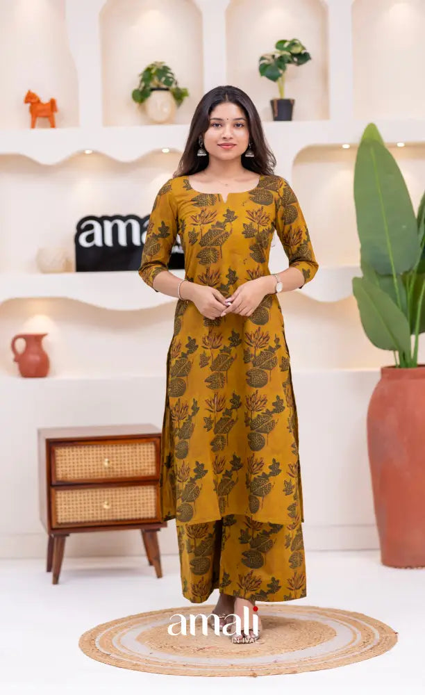 Dark Mustard Jaipur Print Cotton Straight-cut Top and Pant - salwar