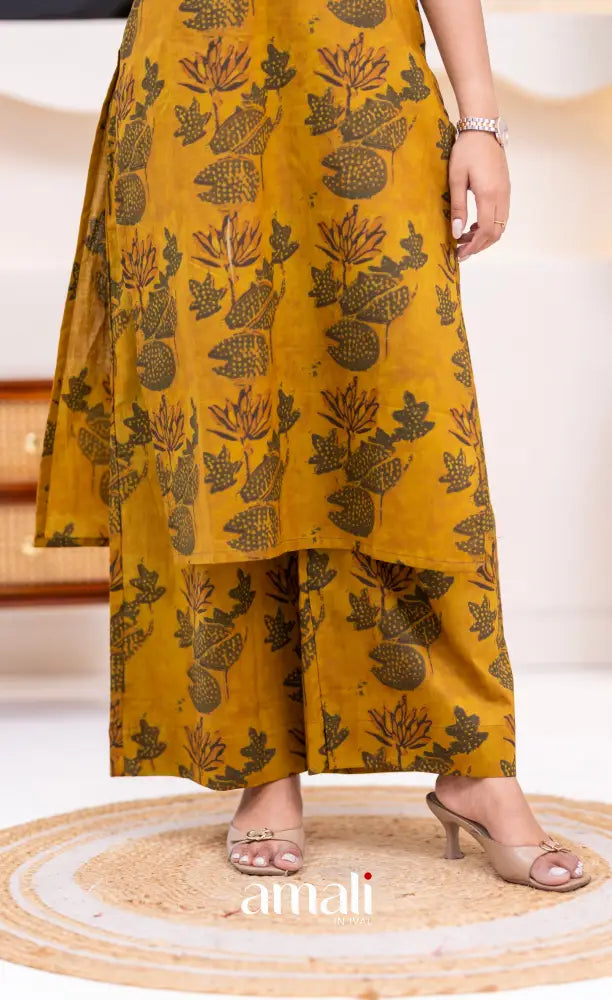Dark Mustard Jaipur Print Cotton Straight-cut Top and Pant - salwar