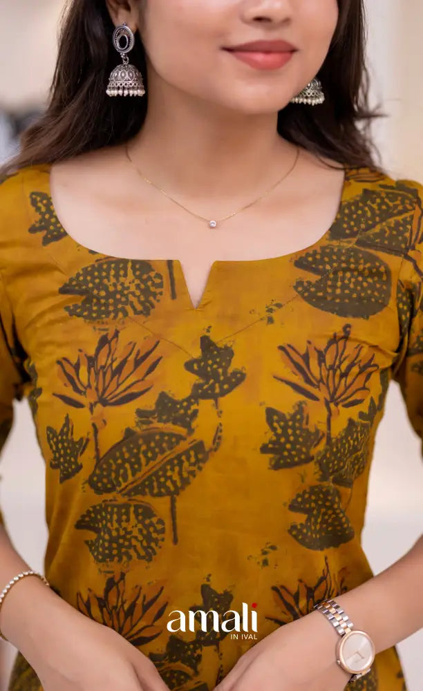 Dark Mustard Jaipur Print Cotton Straight-cut Top and Pant - salwar