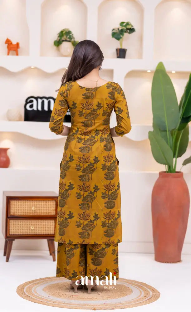 Dark Mustard Jaipur Print Cotton Straight-cut Top and Pant - salwar
