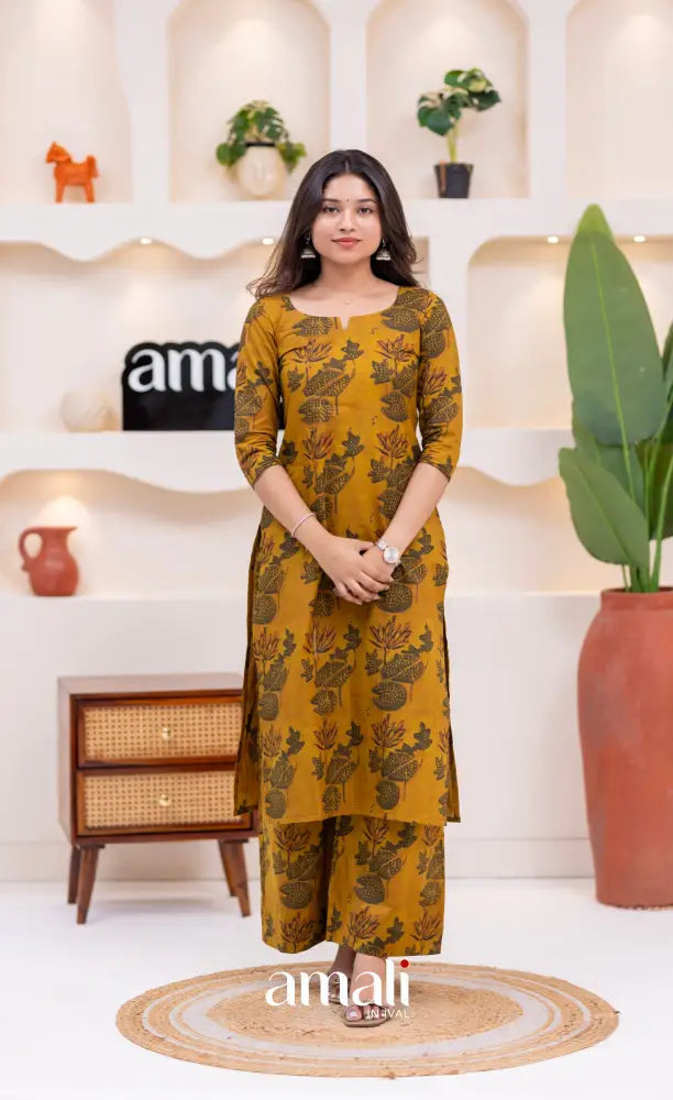 Dark Mustard Jaipur Print Cotton Straight-cut Top and Pant - salwar