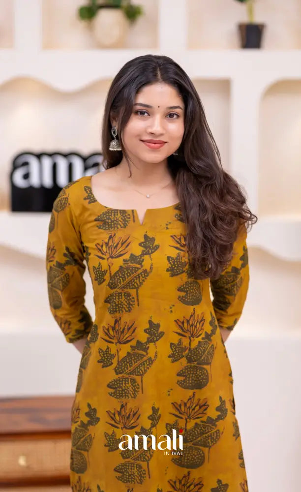 Dark Mustard Jaipur Print Cotton Straight-cut Top and Pant - salwar