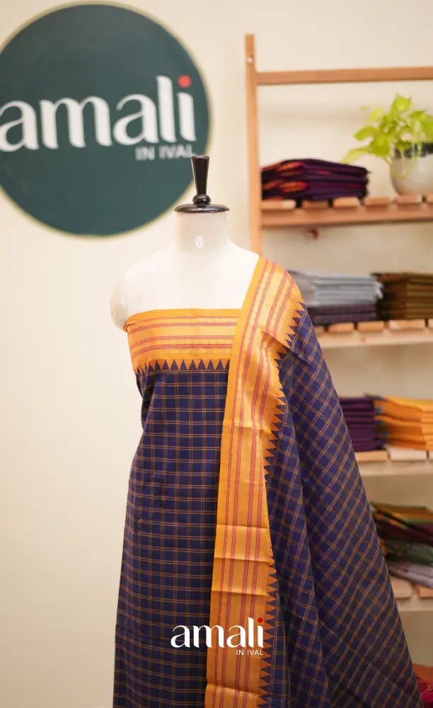 Dark Navy Blue and Mustard Chettinad Cotton Unstitched Salwar Set - salwar