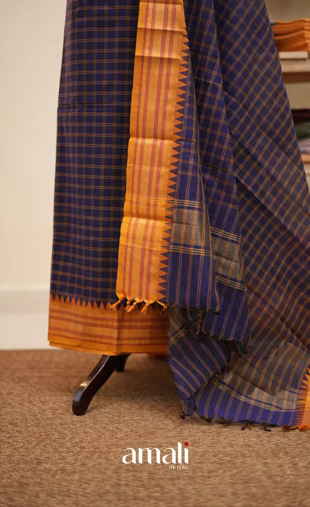 Dark Navy Blue and Mustard Chettinad Cotton Unstitched Salwar Set - salwar
