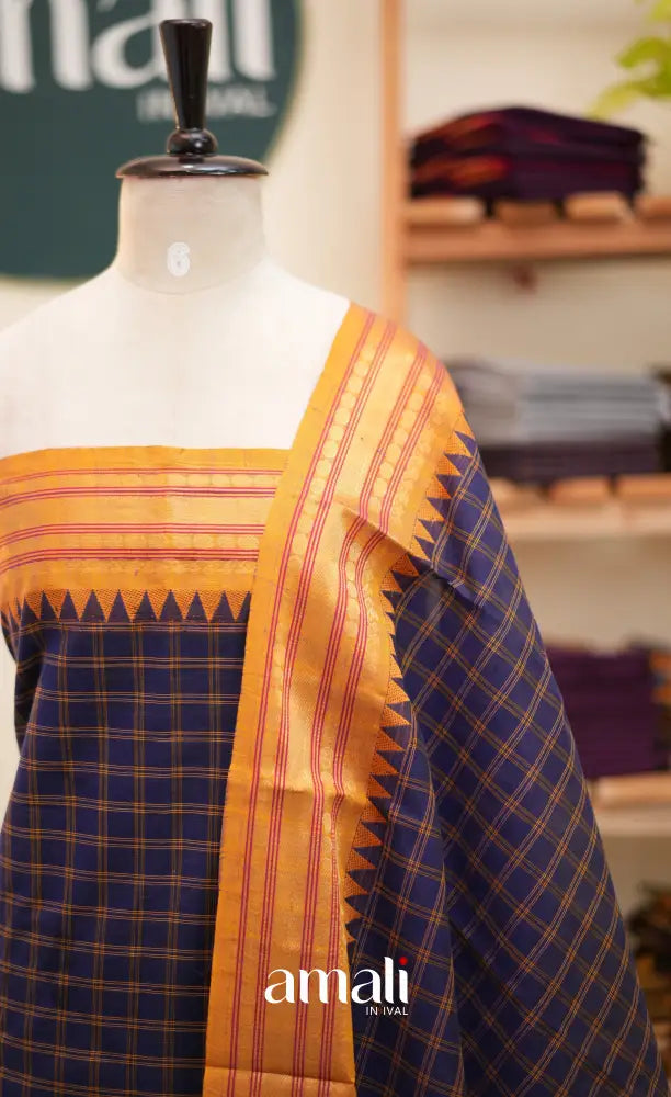 Dark Navy Blue and Mustard Chettinad Cotton Unstitched Salwar Set - salwar