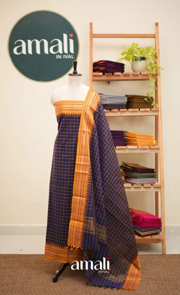 Dark Navy Blue and Mustard Chettinad Cotton Unstitched Salwar Set - salwar
