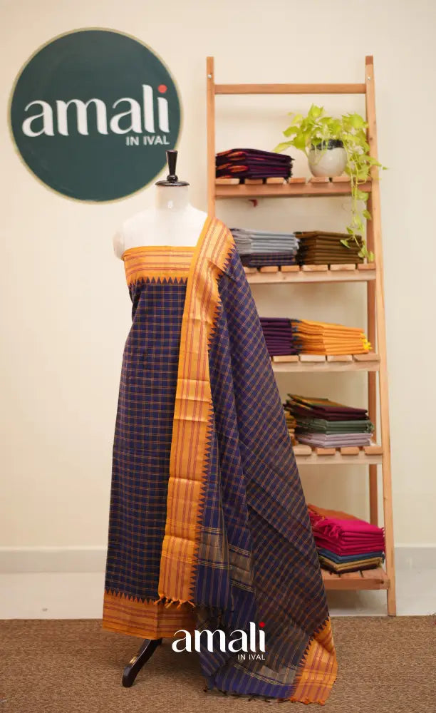 Dark Navy Blue and Mustard Chettinad Cotton Unstitched Salwar Set - salwar