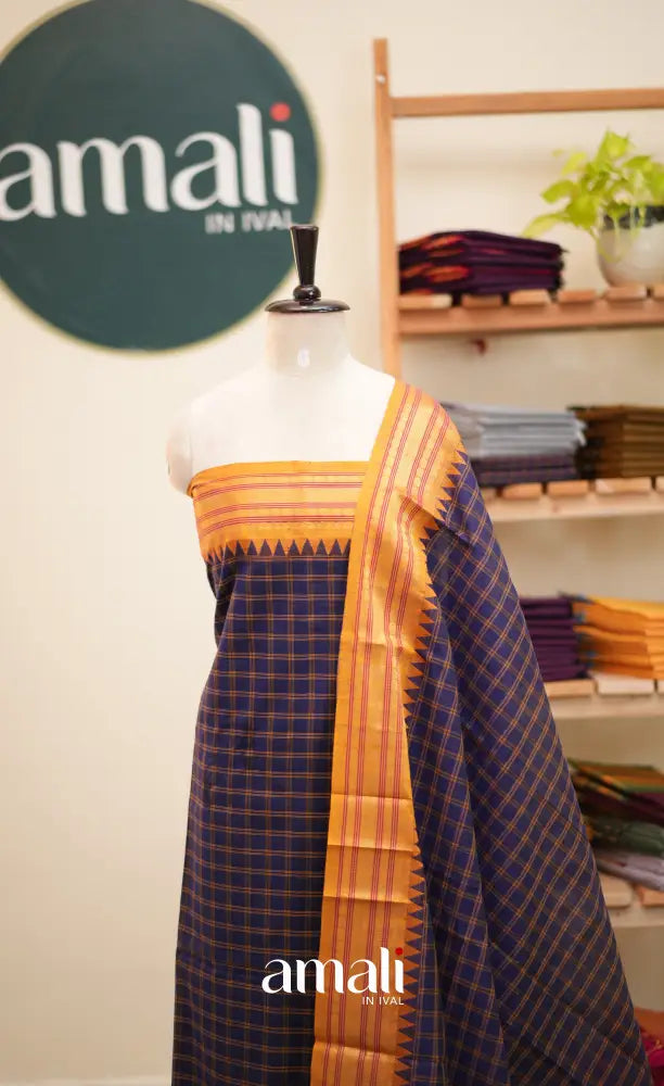 Dark Navy Blue and Mustard Chettinad Cotton Unstitched Salwar Set - salwar