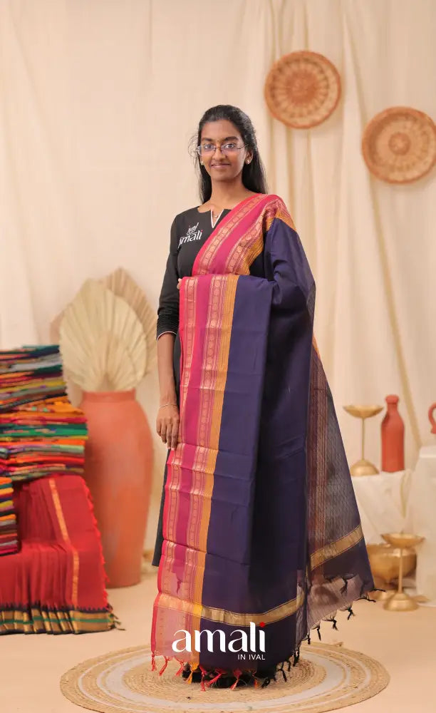 Dark Navy With Magenta Chettinad Cotton Dupatta salwar