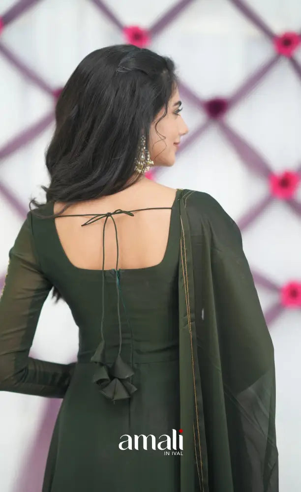 strapless open back dress Two Sisters By Gyans Olive Green Anarkali With Dupatta ( ) Green / Georgette / CUSTOM main image 1