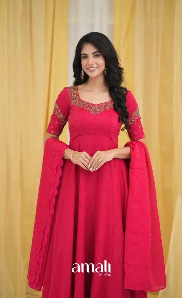 Dark Pink Aari Handworked Anarkali Anarkalis