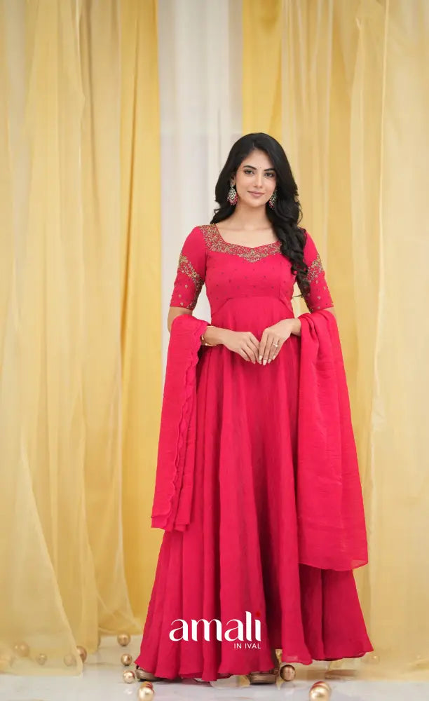 Dark Pink Aari Handworked Anarkali Anarkalis