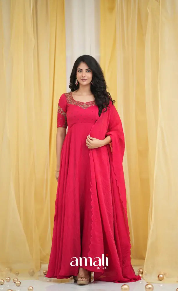 Dark Pink Aari Handworked Anarkali Anarkalis