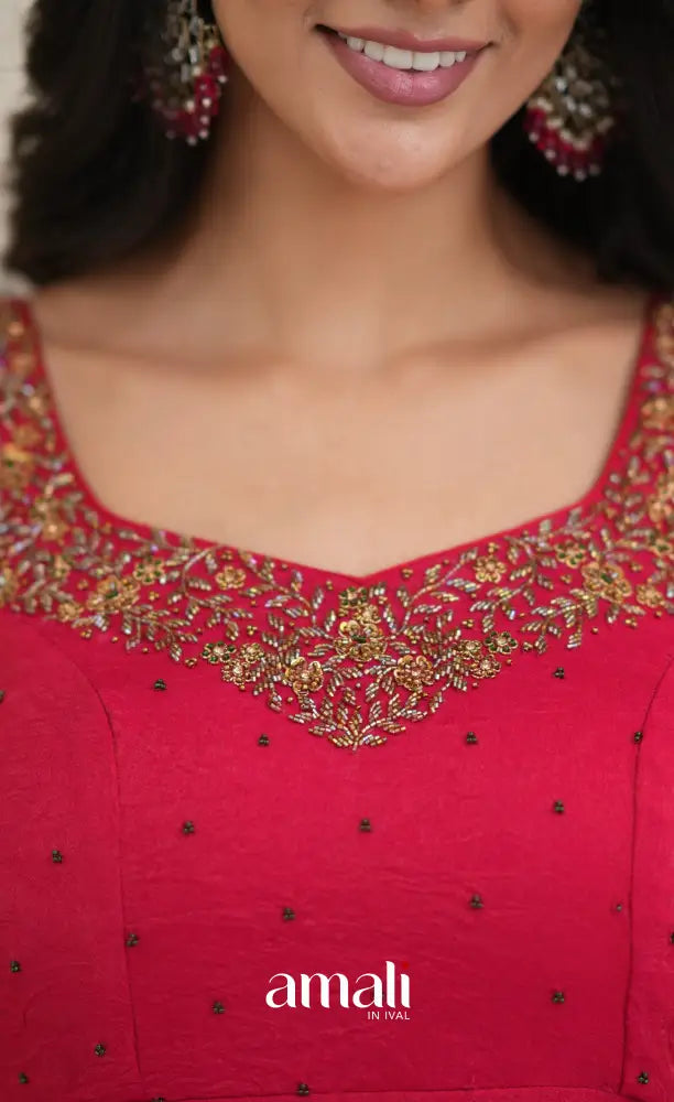Dark Pink Aari Handworked Anarkali Anarkalis