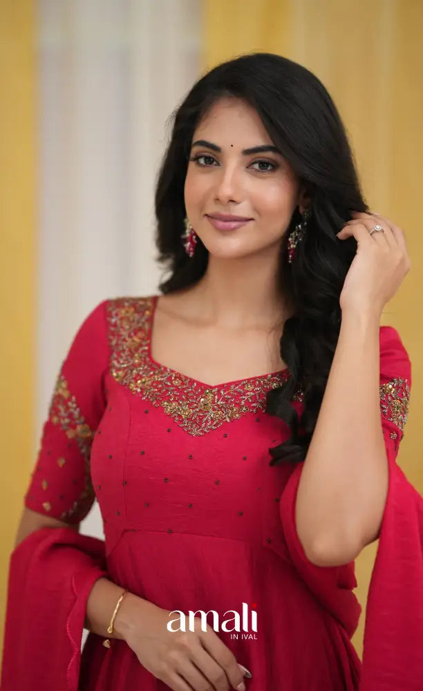 Dark Pink Aari Handworked Anarkali Anarkalis