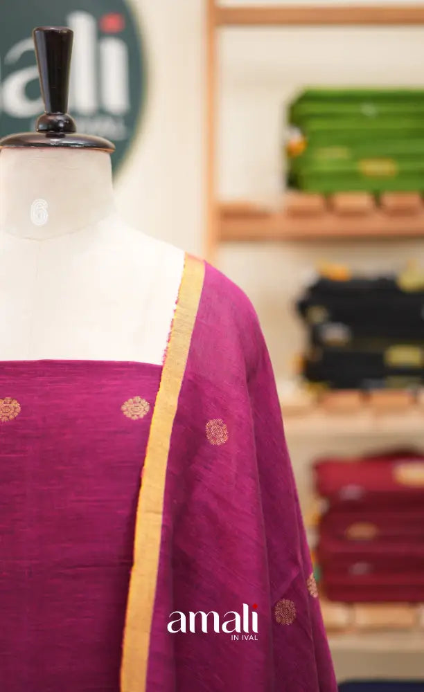 Dark Pink Handloom Linen Unstitched Salwar Set - salwar