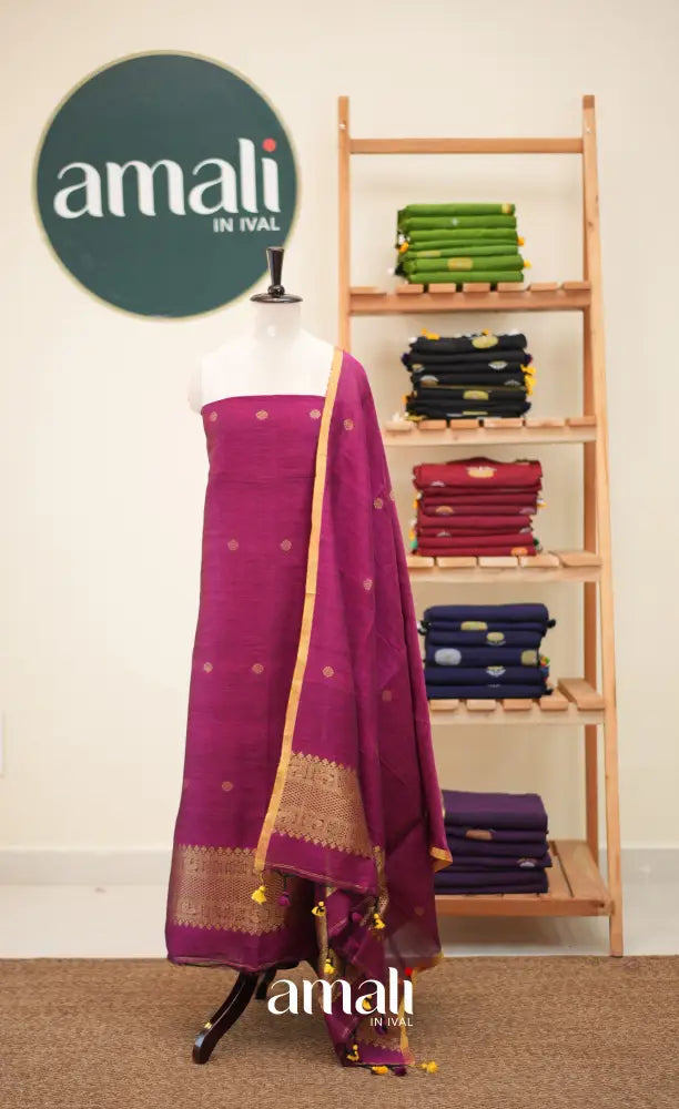 Dark Pink Handloom Linen Unstitched Salwar Set - salwar