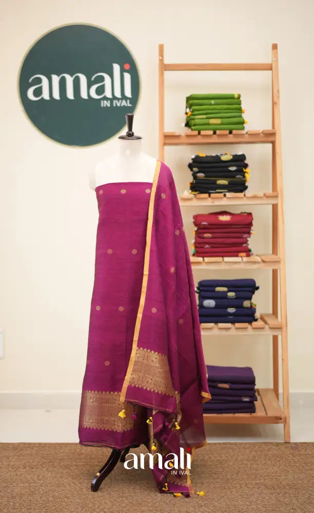 Dark Pink Handloom Linen Unstitched Salwar Set - salwar