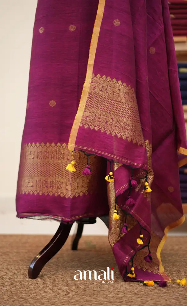 Dark Pink Handloom Linen Unstitched Salwar Set - salwar