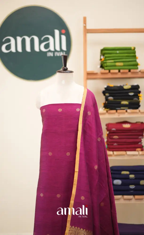 Dark Pink Handloom Linen Unstitched Salwar Set - salwar