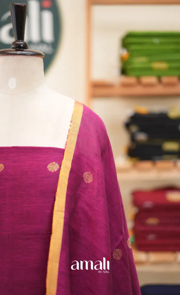 Dark Pink Handloom Linen Unstitched Salwar Set - salwar