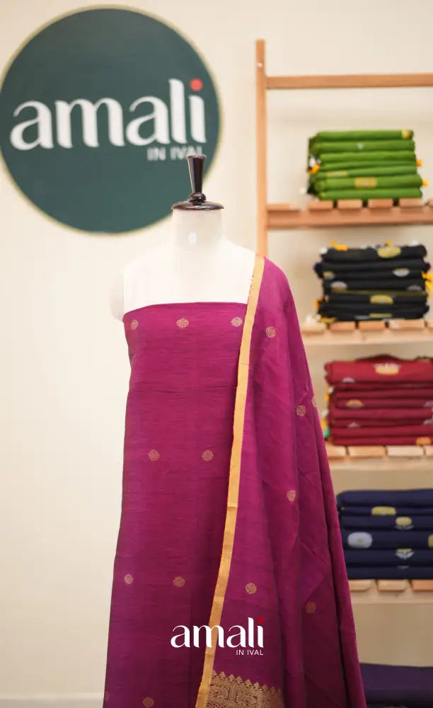 Dark Pink Handloom Linen Unstitched Salwar Set - salwar