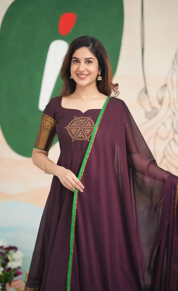 Dark Plum and Green Cotton Anarkali - PRE ORDER Anarkalis